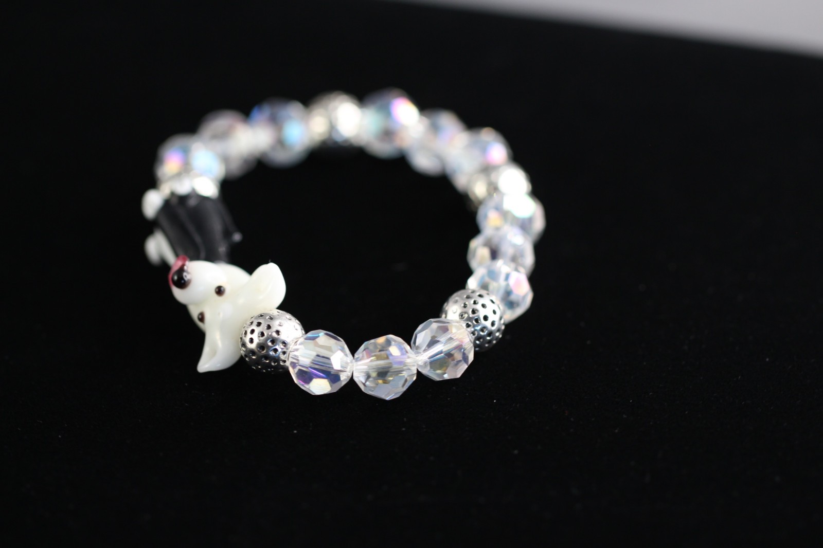 Dog Bracelet Black Lampwork 6.5″ inch Elastic Glass Beads 10mm Faceted Crystal