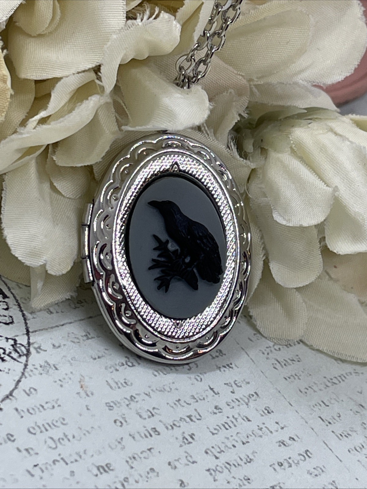 Silver Raven Black Gray Crow Locket Necklace Pendant Gothic Wedding Festival