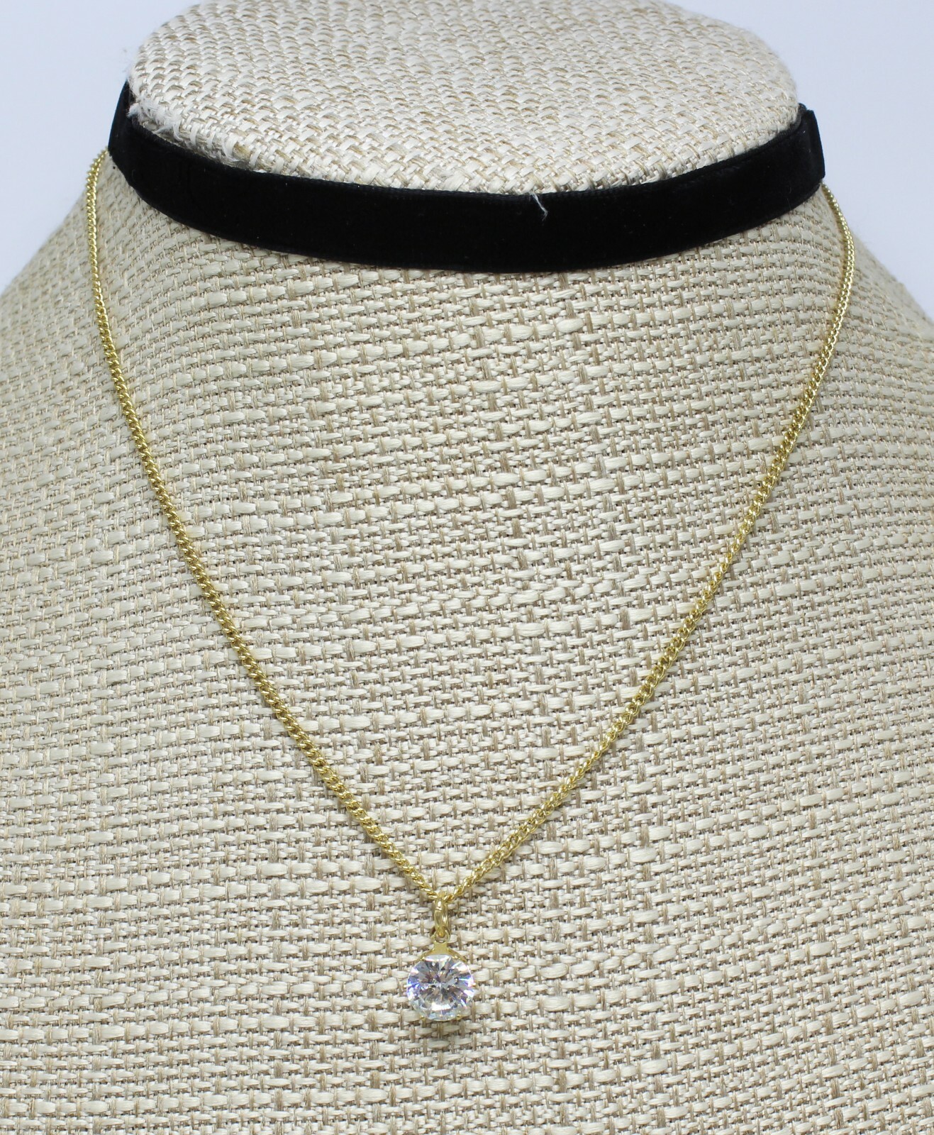 New Gold & Velvet Two Layer Choker with Rhinestone Pendant #N2726