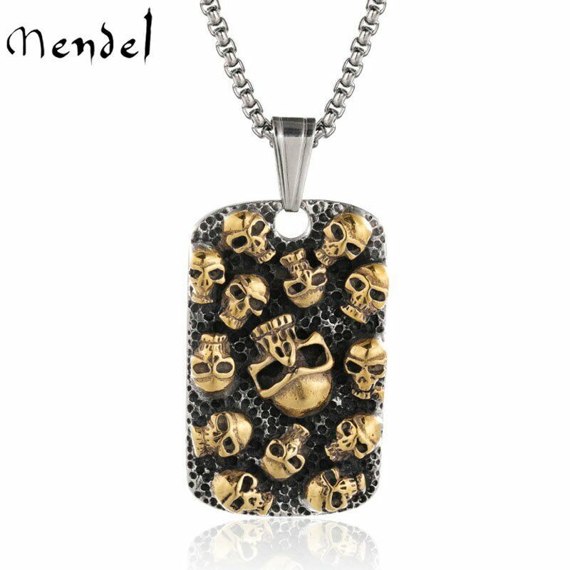 MENDEL Mens Stainless Steel Gothic Gold Plated Skull Dog Tag Pendant Necklace