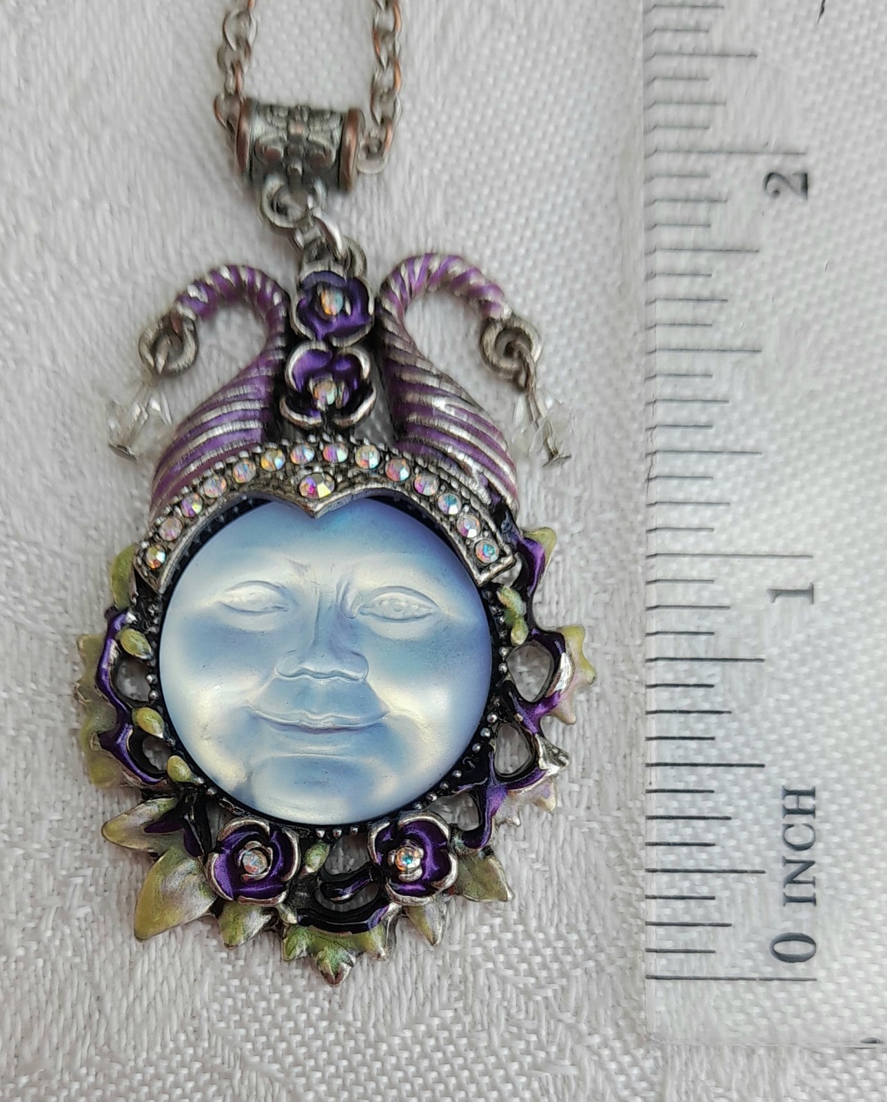 Kirks Folly Sea view Moon Face pendant necklace enamelled with ab stones signed