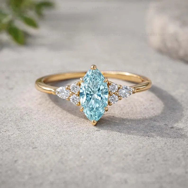 Aquamarine Ring, Gold Alloy, Anniversary Birthday Gift For Her, Women Ring