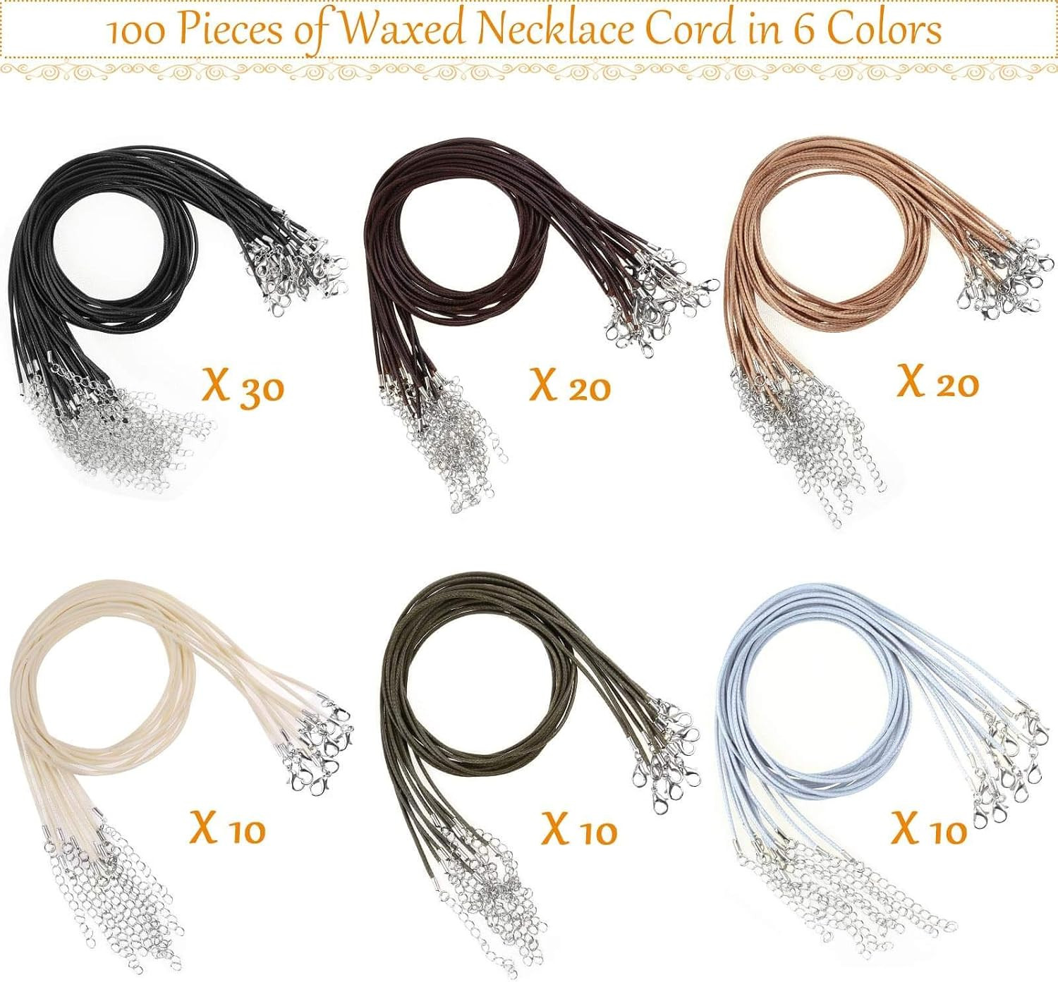 100 Pcs 20 Leather Necklace Chains Waxed Rope Cord with Clasps for Pendants