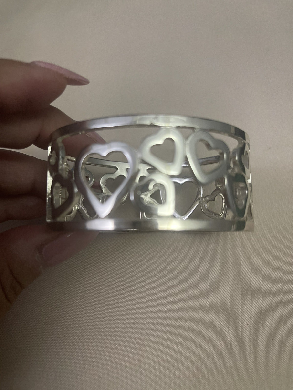Heart cutout Hinged Bracelet Bangle Silver Tone