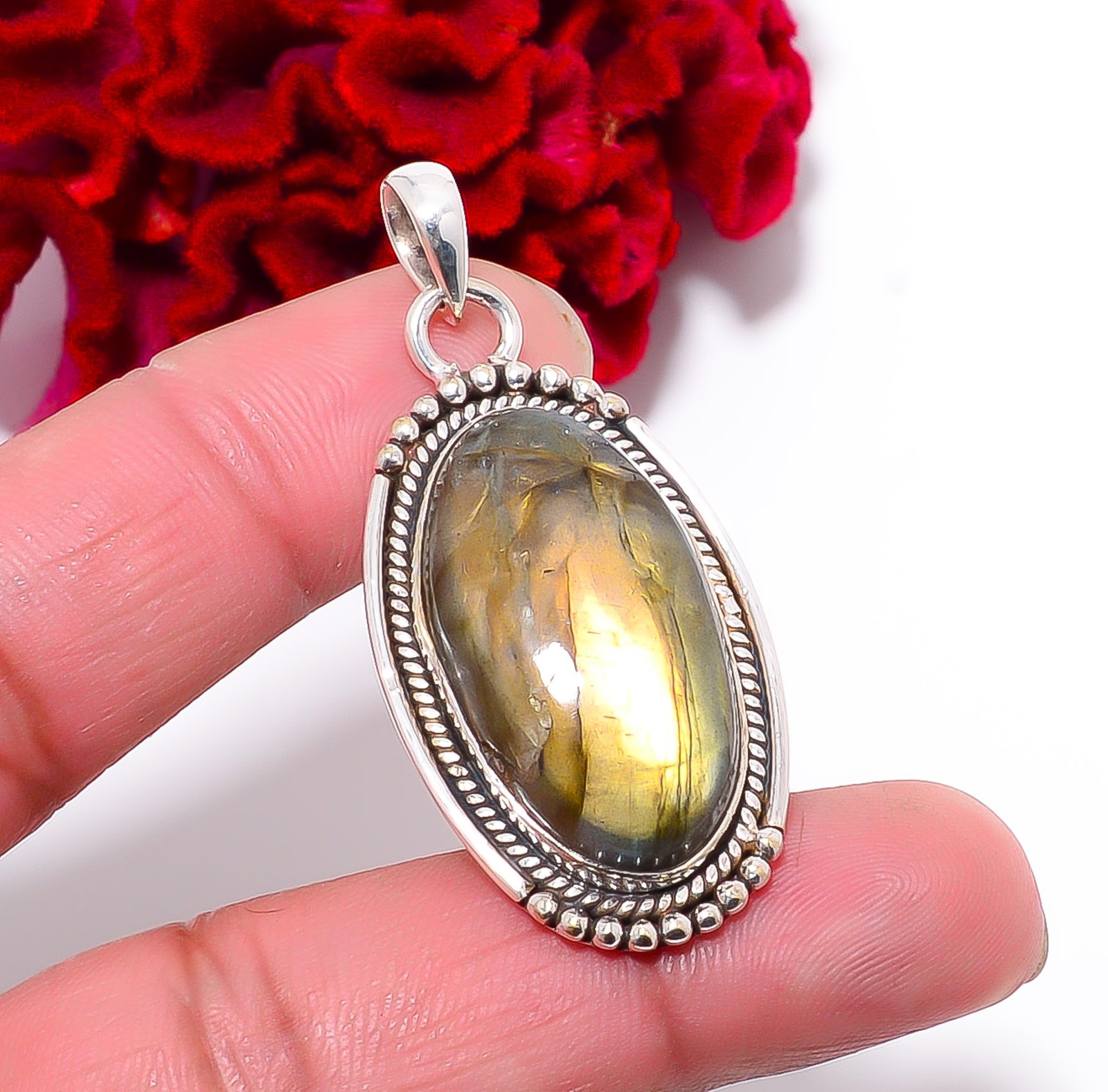 Golden Labradorite – Madagascar Handmade 925 Sterling Silver Pendant 1.95″ P9632
