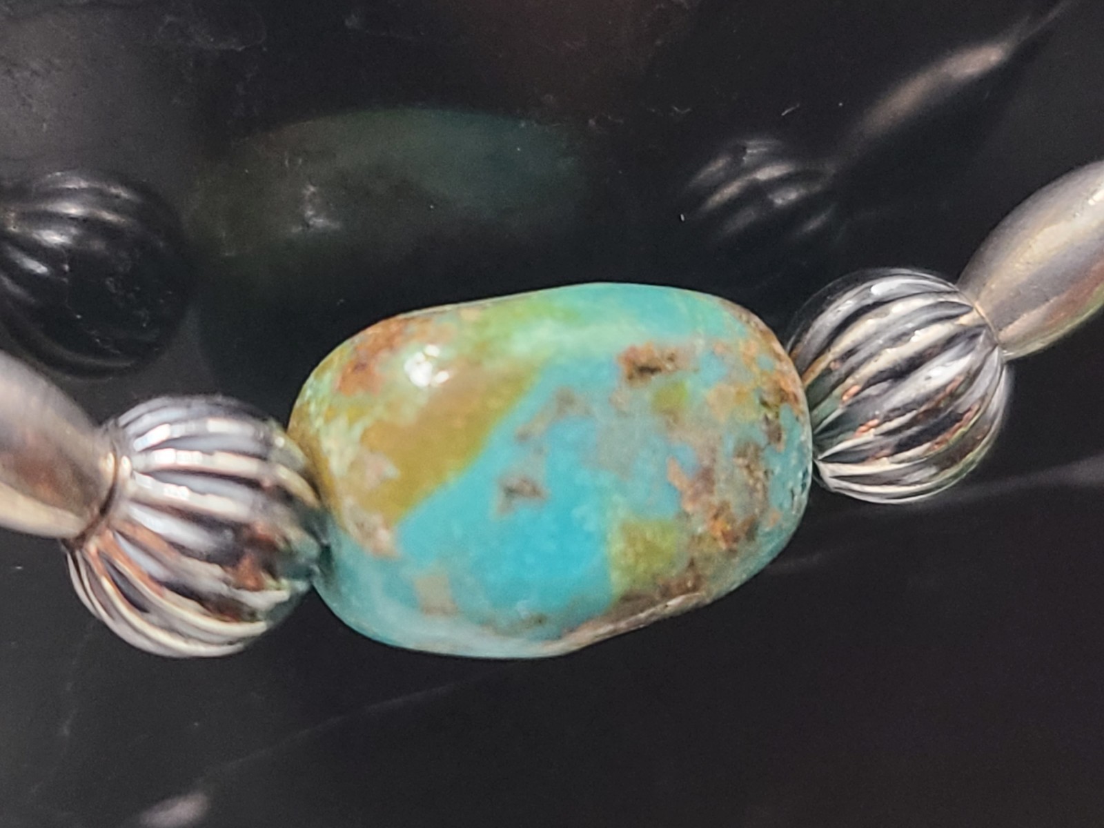 Native Made Turquoise Blue Oval Center Stone Sterling Silver 7″ Beaded Bracelet