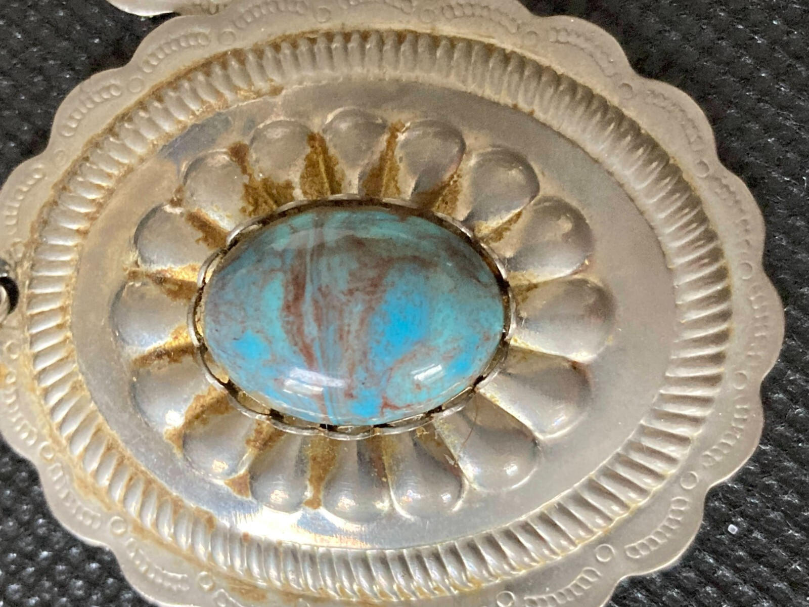 Earrings Native Inspired Stamped Tin and Turquoise Glass Cabochons 2″ Hooks