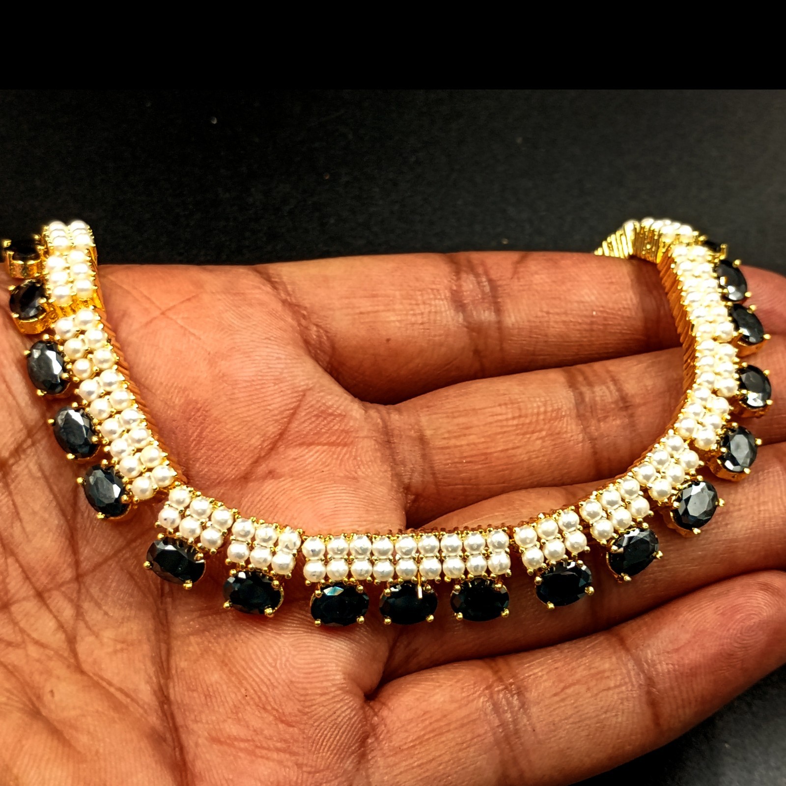 22k Gold Plated Black Onyx Choker Necklace Set Pearls Indian Temple Festival New