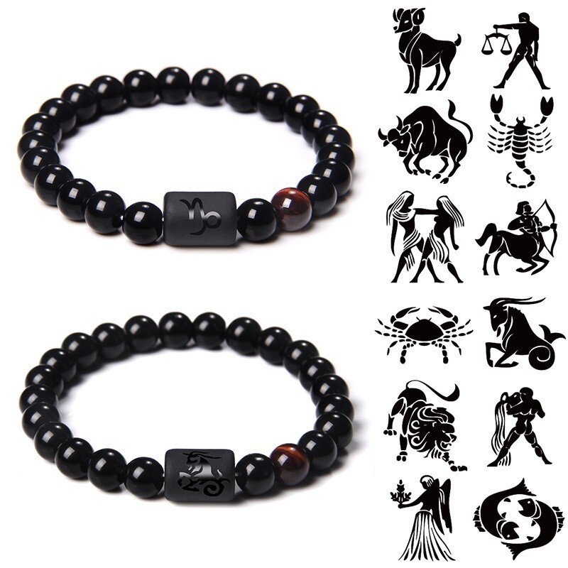 Zodiac Sign Natural Black Stone Beaded Elastic Stylish Bracelet Astrological