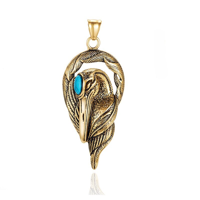 Turquoise Creative Stainless Steel Punk Crane Red Crowned Crane Pendant Necklace