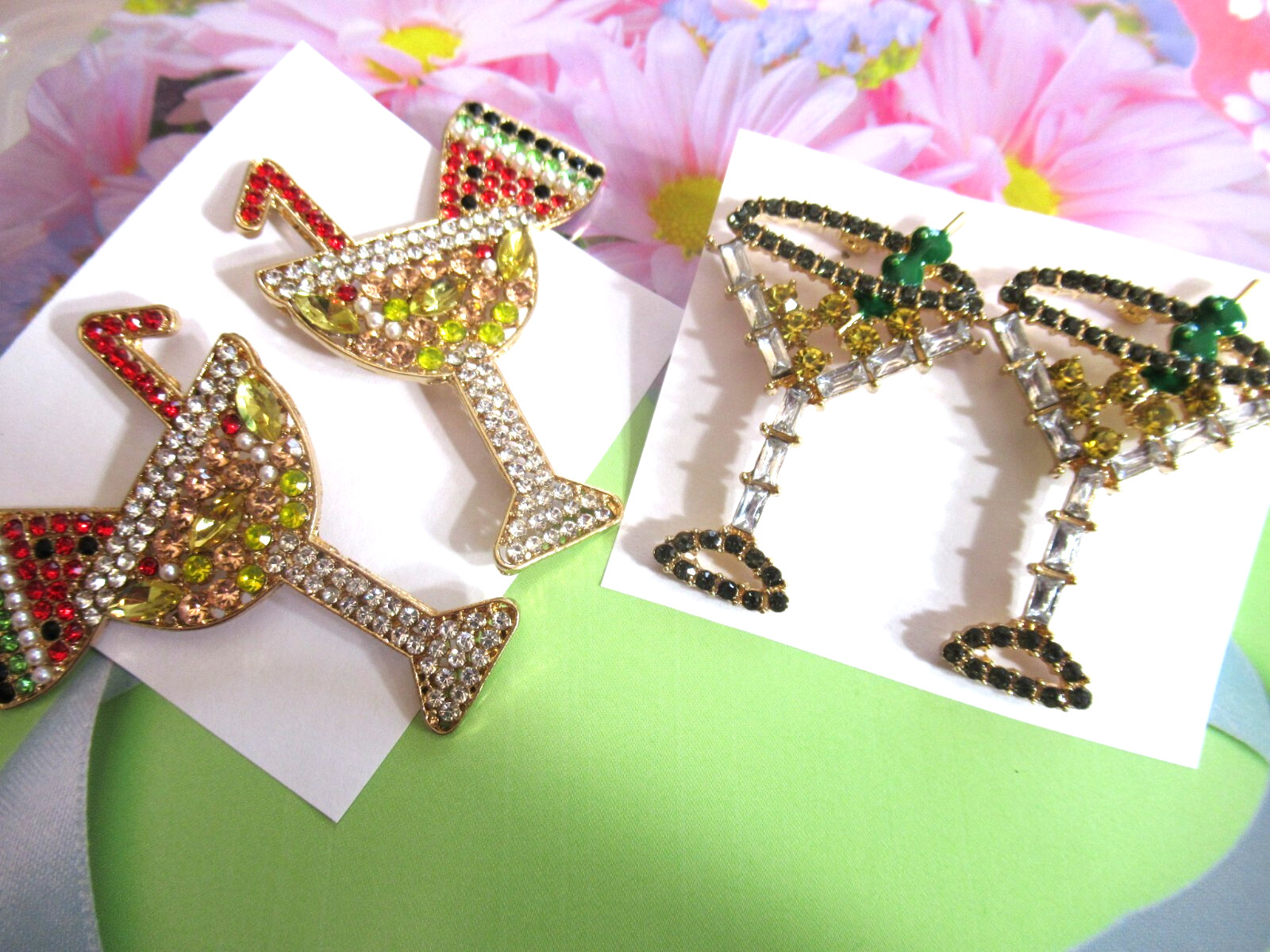BIG 2.50″ DRY MARTINI COCKTAIL FRUIT COCKTAIL AB RHINESTONE DANGLE EARRINGS