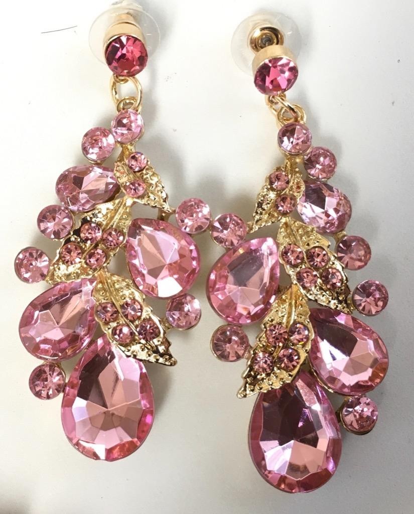 Waterfall Necklace Set Pink crystal Rhinestone Bib cluster Statement Earrings vt