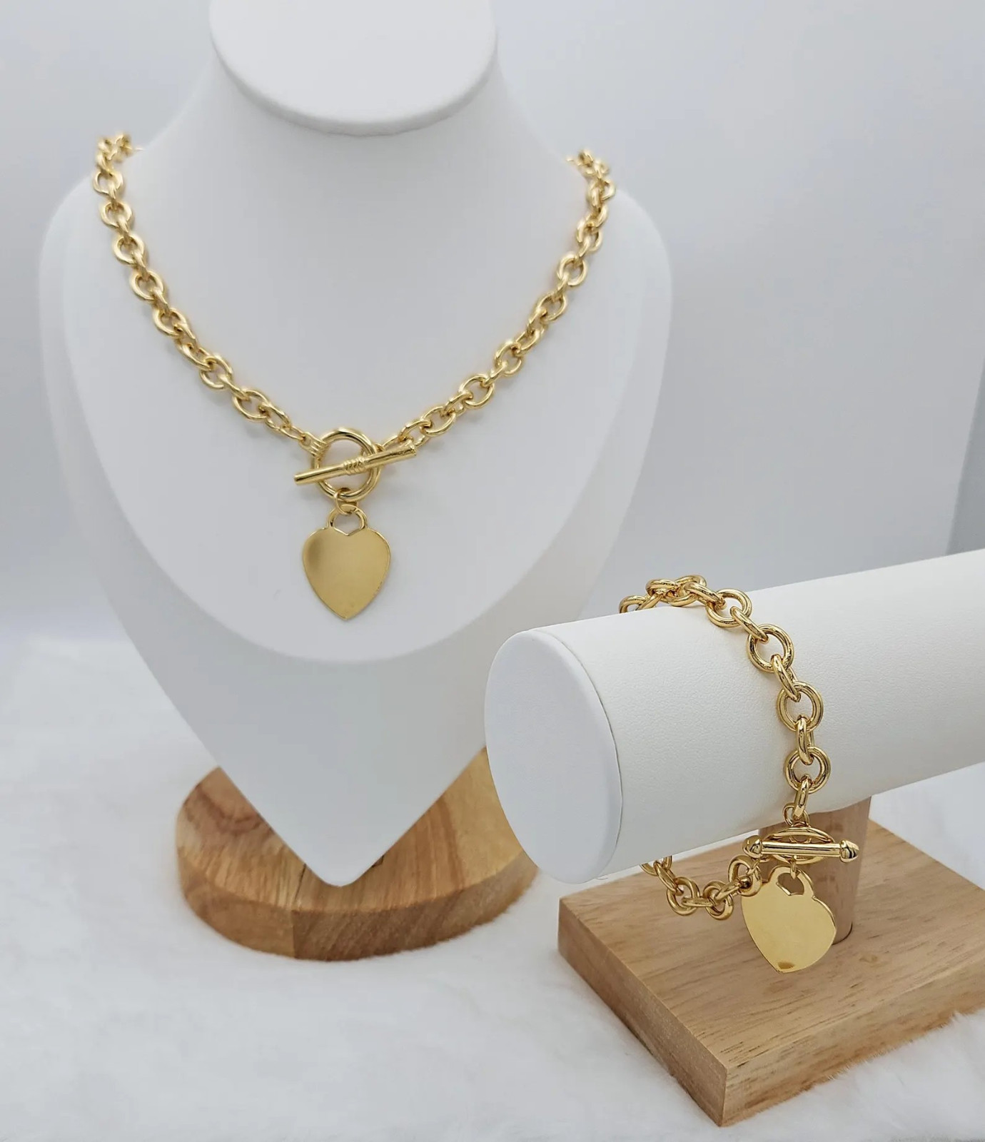 Gold Toggle & Tag Necklace & Bracelet Set, 14k Heavy Plated Gold or Silver