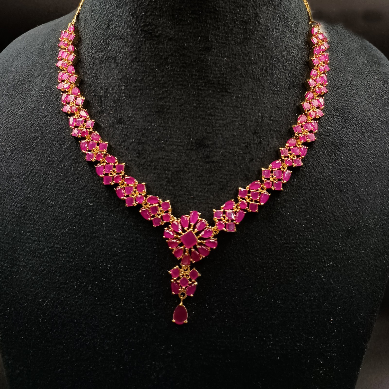 Ruby Necklace Set 22K Gold Plated Indian Bridal Wedding Jewelry Choker Earrings