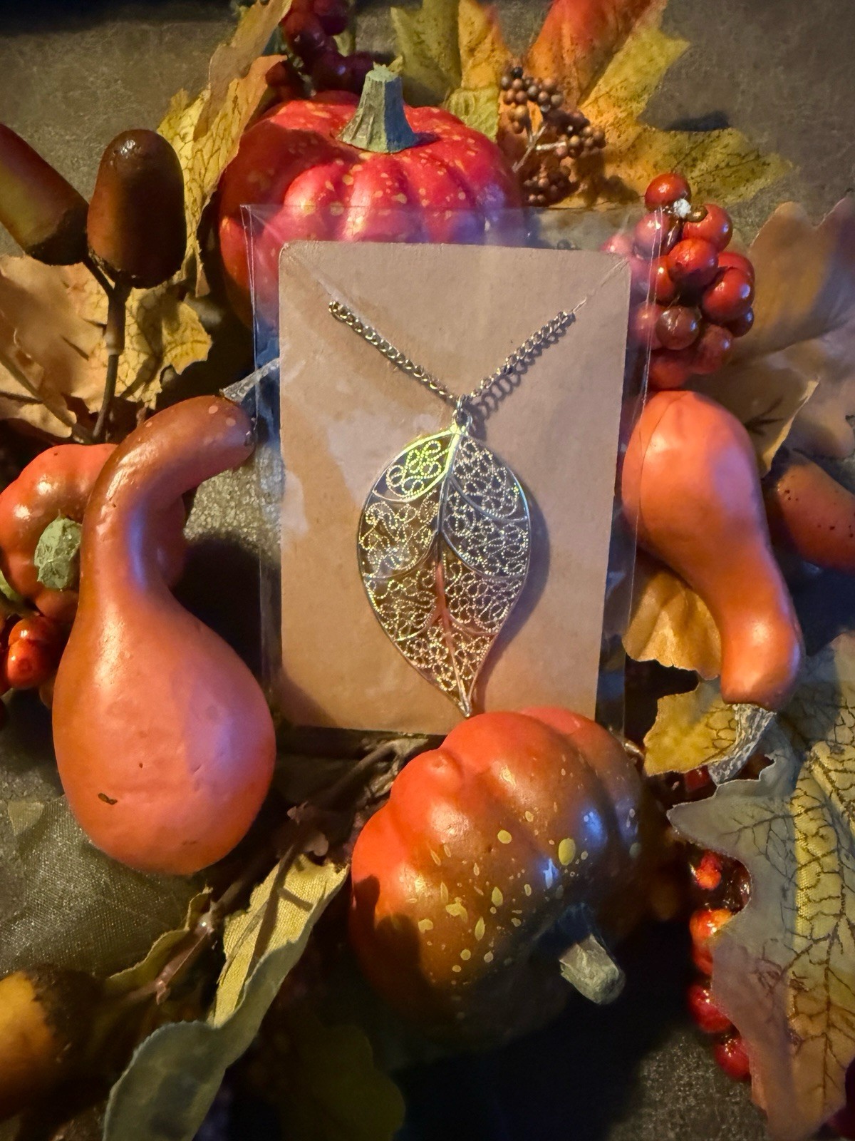 Gold Filigree Leaf Charm Pendant Necklace on Cable Chain, No Stone