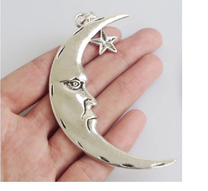 Big CRESCENT MOON FACE STAR pendant 22″ 925 Sterling Silver plated Necklace GIFT