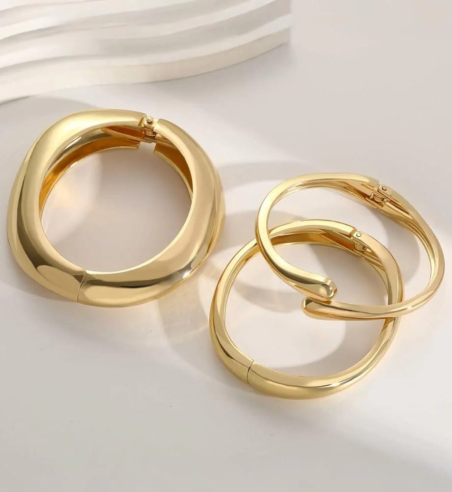 Luxury 14K Gold Plated Chunky Bangle Bracelet Set Women Thick Stackable Cuff