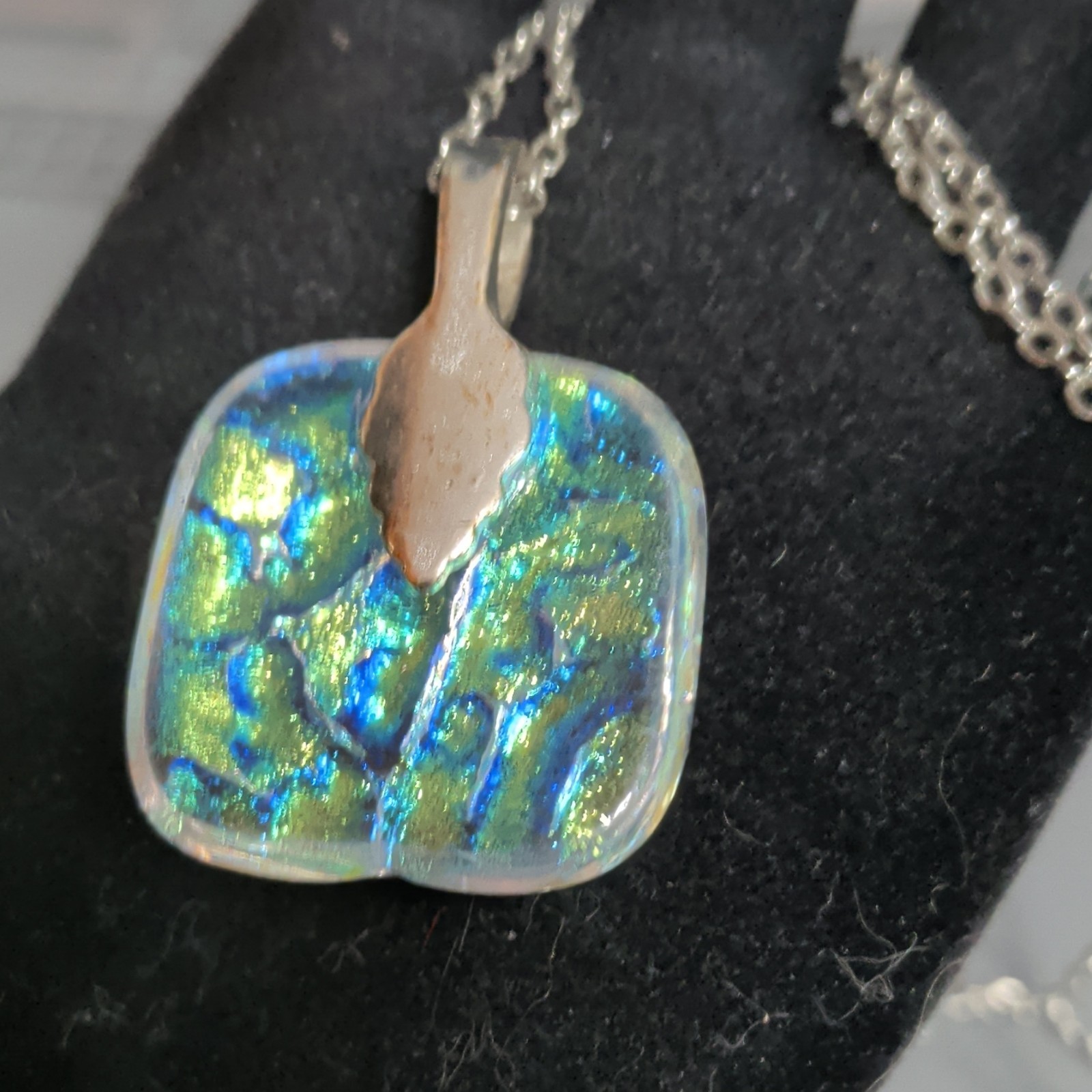 Silver Tone Cable Chain Necklace, Iridescent Square Glass Charm Pendant, Lobster