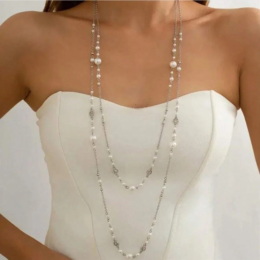 2pcs Layered Long Necklace Women Party Wedding Chain Jewelry Set