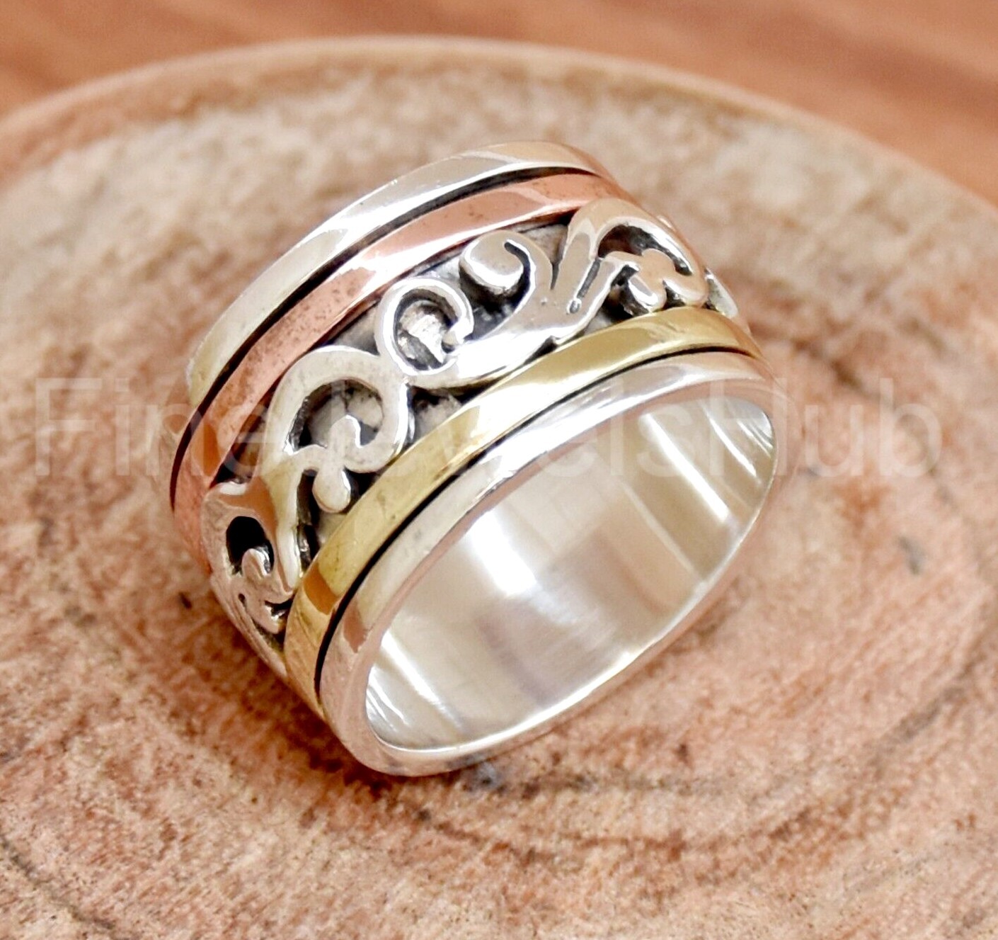 Solid Band 925 Sterling Silver Ring Three Tone Spinner Ring Thumb Band Jewelry