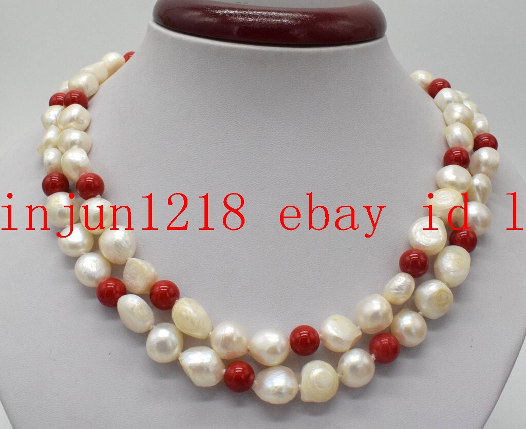 2 Row Pretty 8-9mm Baroque White Pearl&8mm South Sea Red Coral Necklace 18-19”