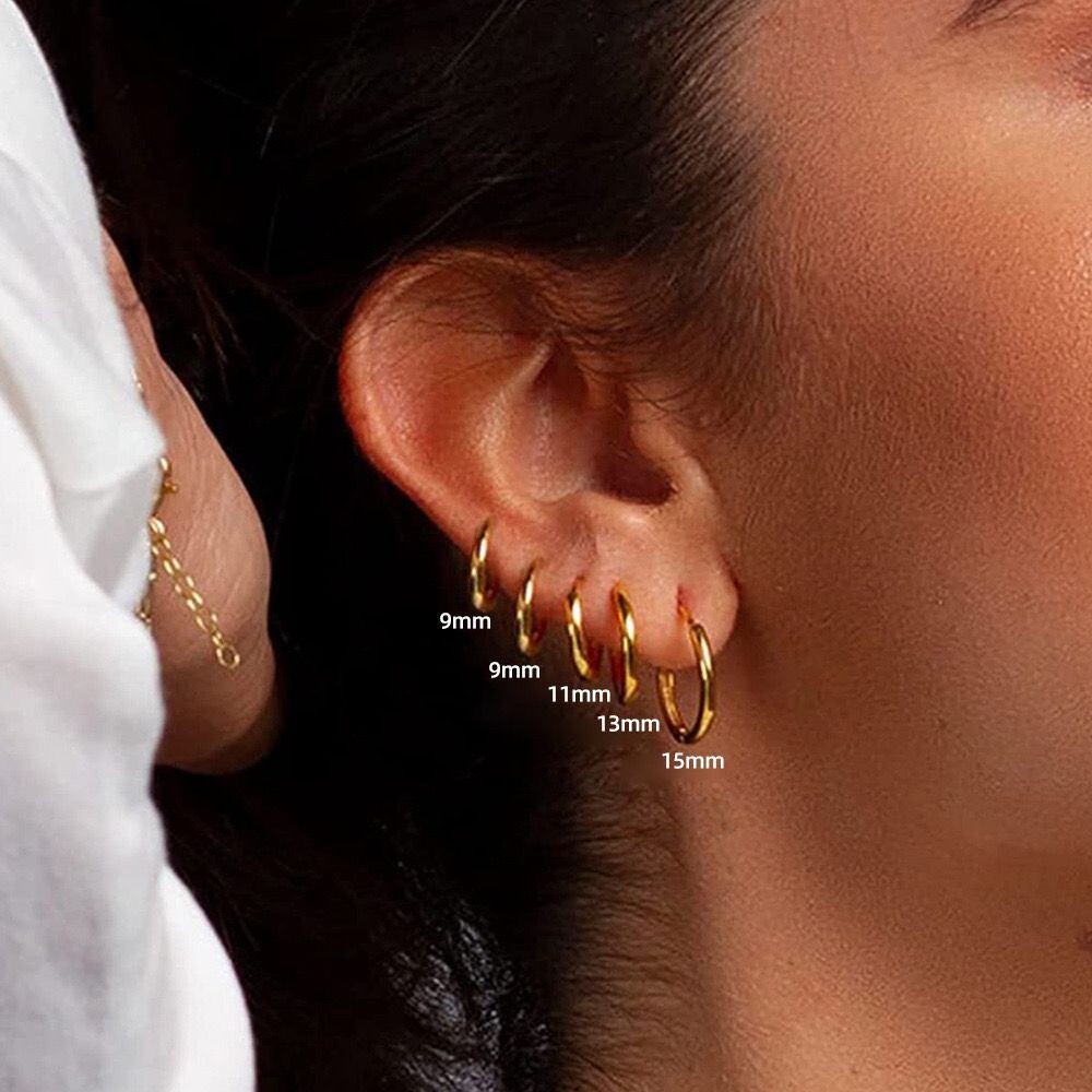 9/11/13/15mm Woman 18K Gold Plated Hoop Huggie Round Earring Stud Polished