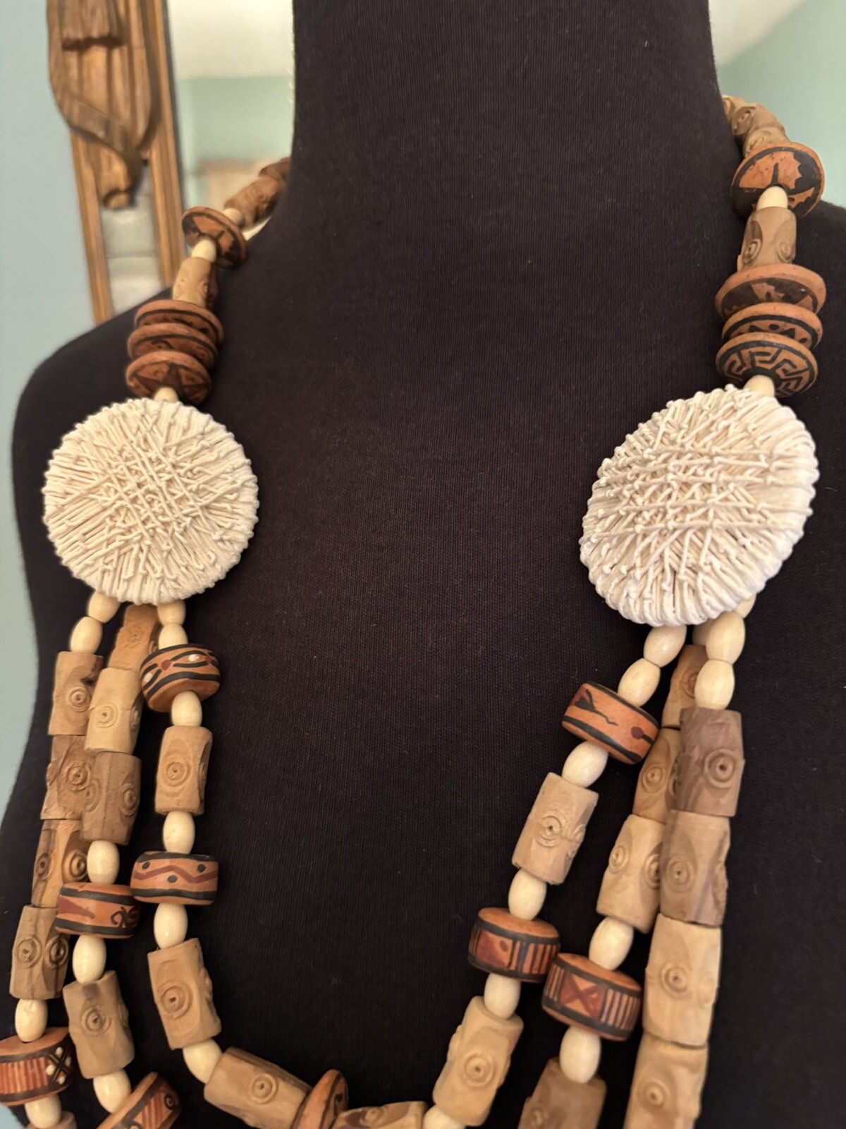 BOHO Tribal Chunky Wood Beaded Necklace Multi Triple Strand Statement 24-28”