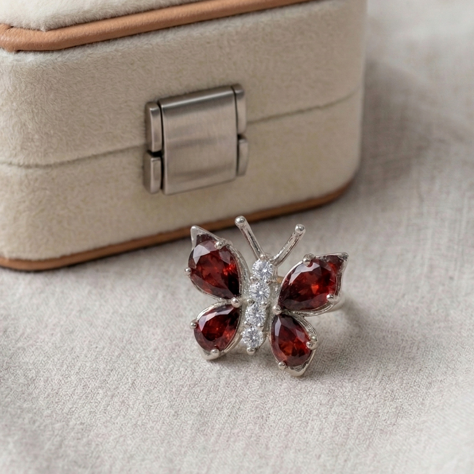 925 Sterling Silver Red Garnet Gemstone & CZ Handmade Butterfly Ring
