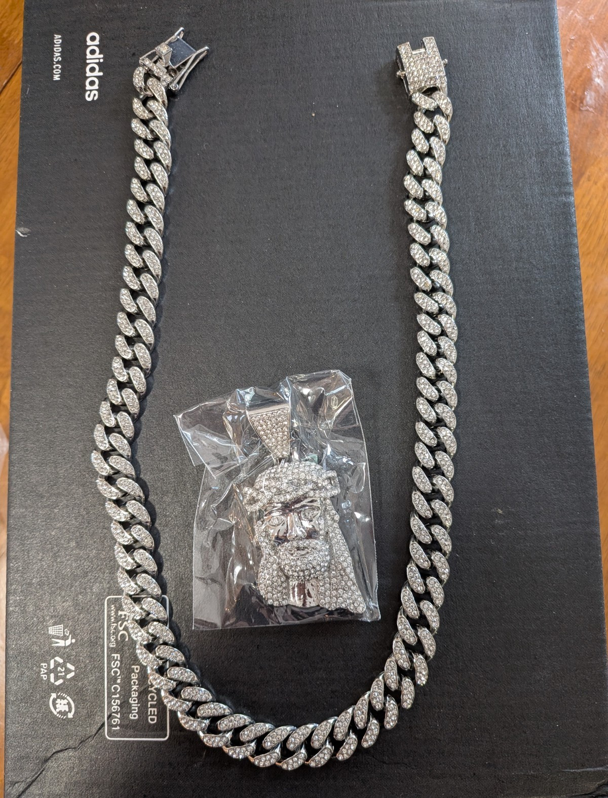 Silver Tone Pavé Rhinestone Cuban Link Chain Necklace Jesus Charm Box Closure