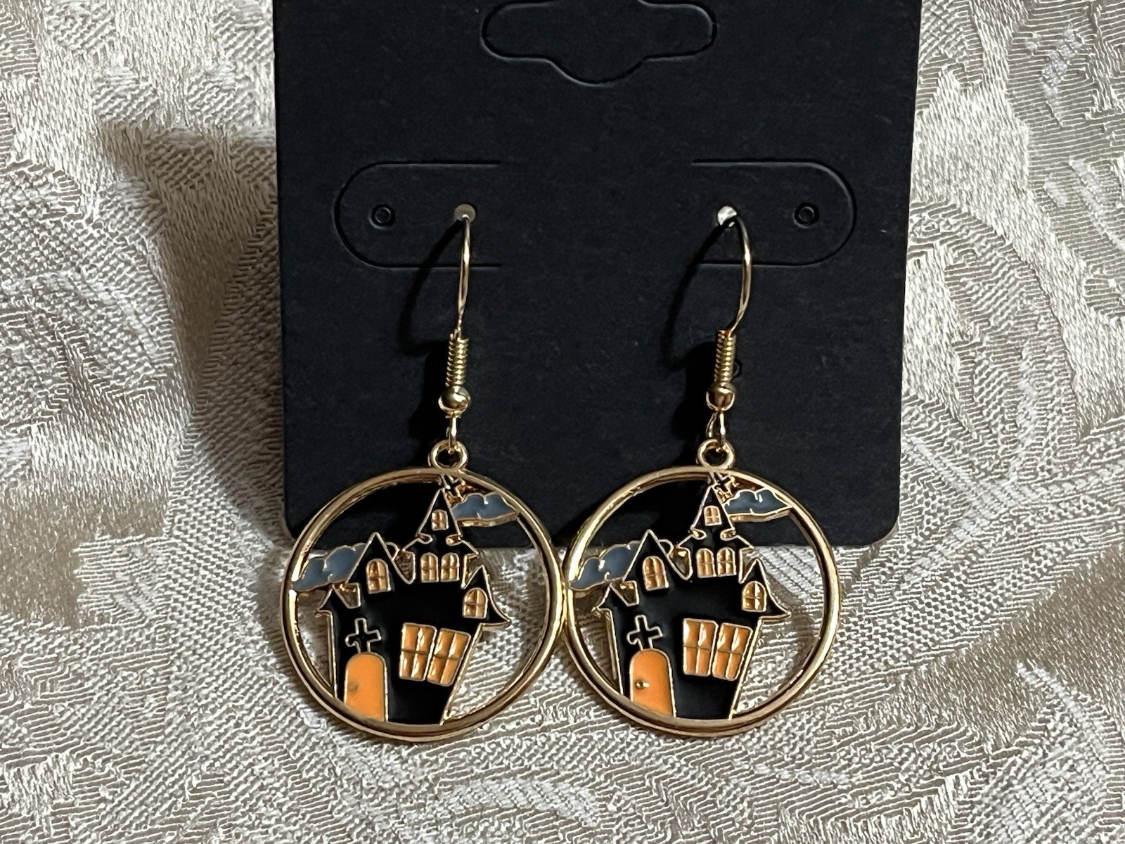 Vintage Haunted House Spooky Fun Halloween Gold Dangle Bohemian Casual Earrings