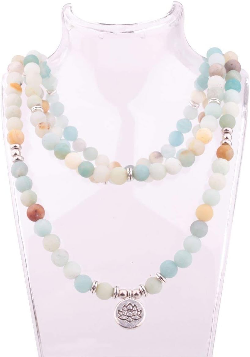 8mm Matte Amazonite 108 Mala Beads Wrap Bracelet Necklace Lotus Charm Yoga Jewel