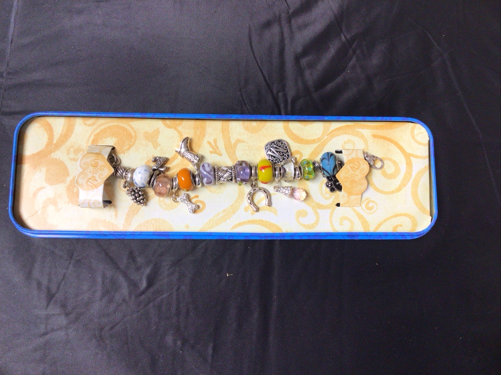 Brighton Slide Charm Bracelet W/8 Dangle Charms & 10 Beads plus tin