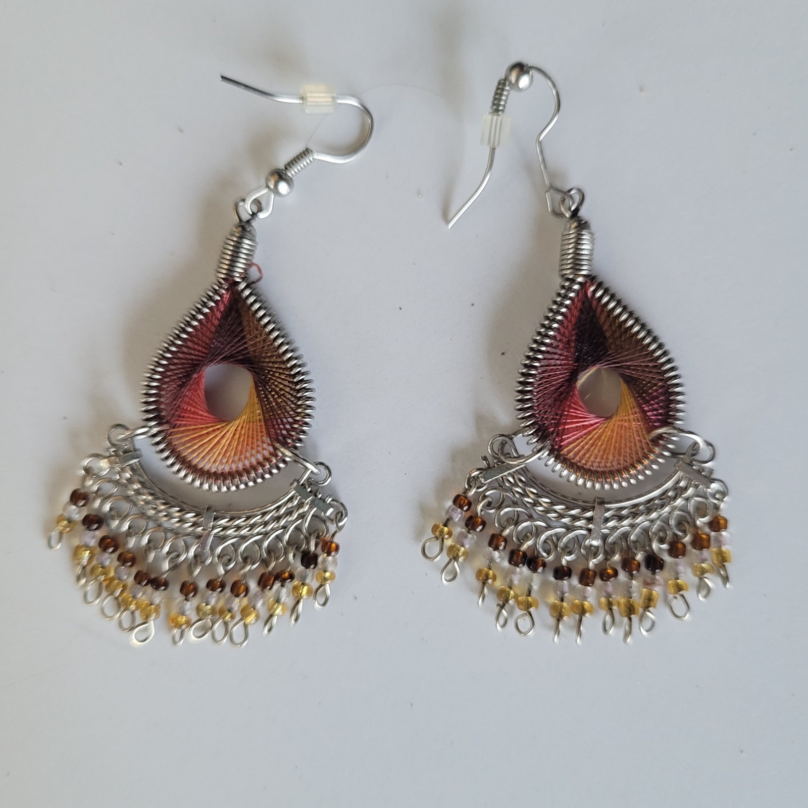 Bohemian Style Thread Teardrop Earrings Sunset Colored String Art Dangle Pierced