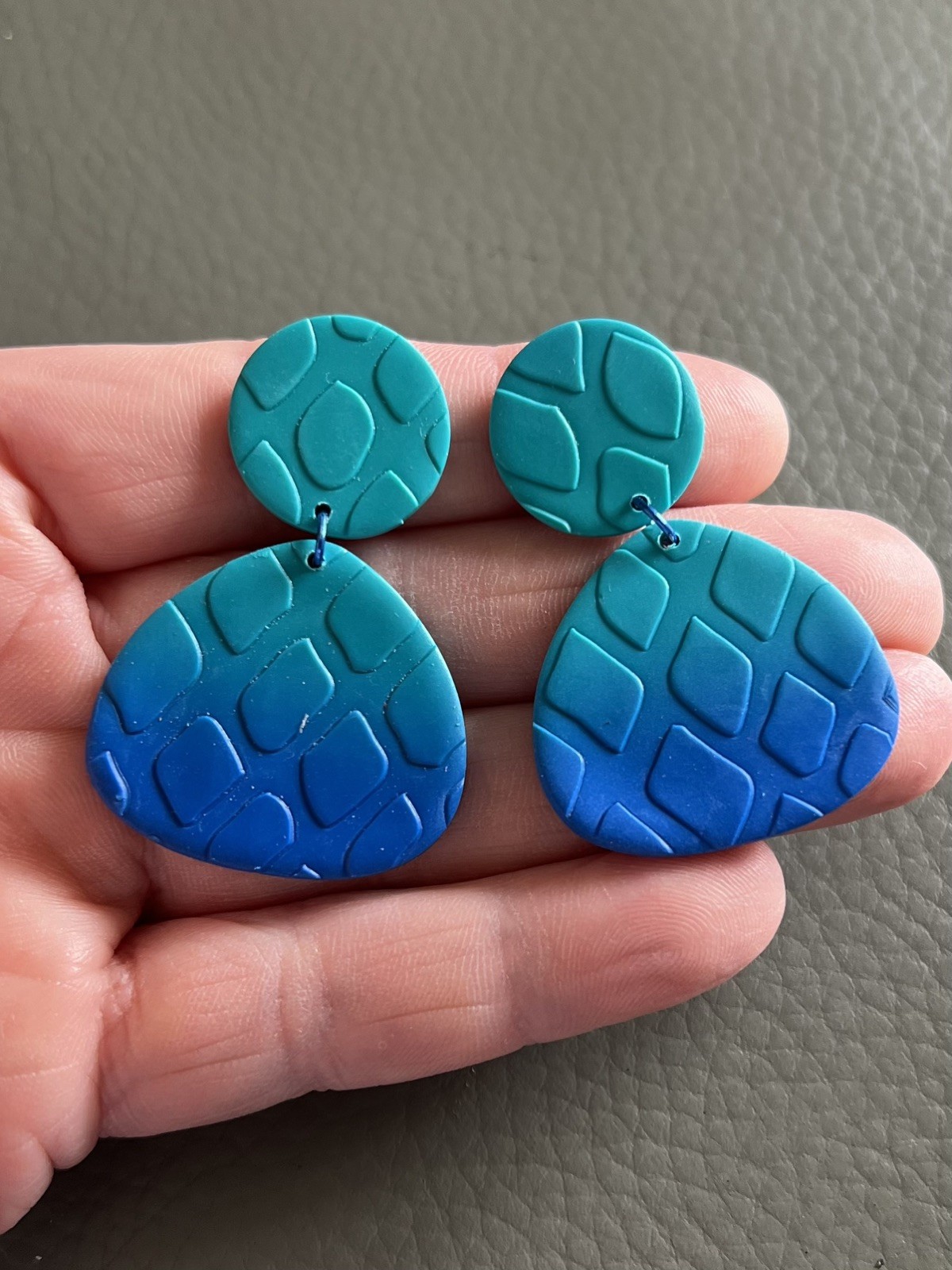Teal & Blue Ombre Polymer Clay Earrings – Matte Geometric Statement Earrings