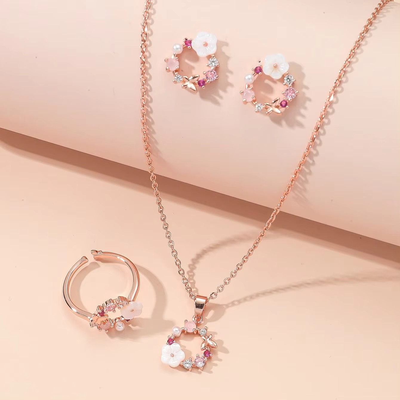 Rose Gold Flower Necklace Earrings Ring Jewelry Set – Zircon Party Accessories