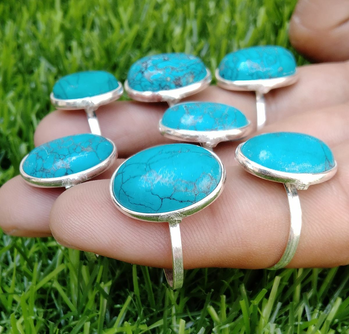 Women Turquoise Gemstone 925 Sterling Silver Plated Bezel 2PCS Rings Lot 5BZ-53