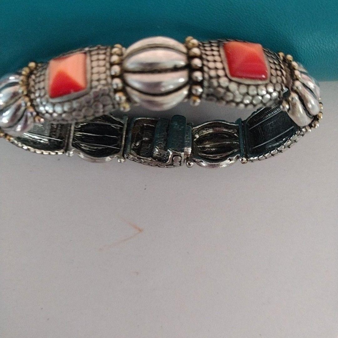 Silver Tone Orange Stone Chain Bracelet 7.8 In Womens Box Clasp Link Jewelry
