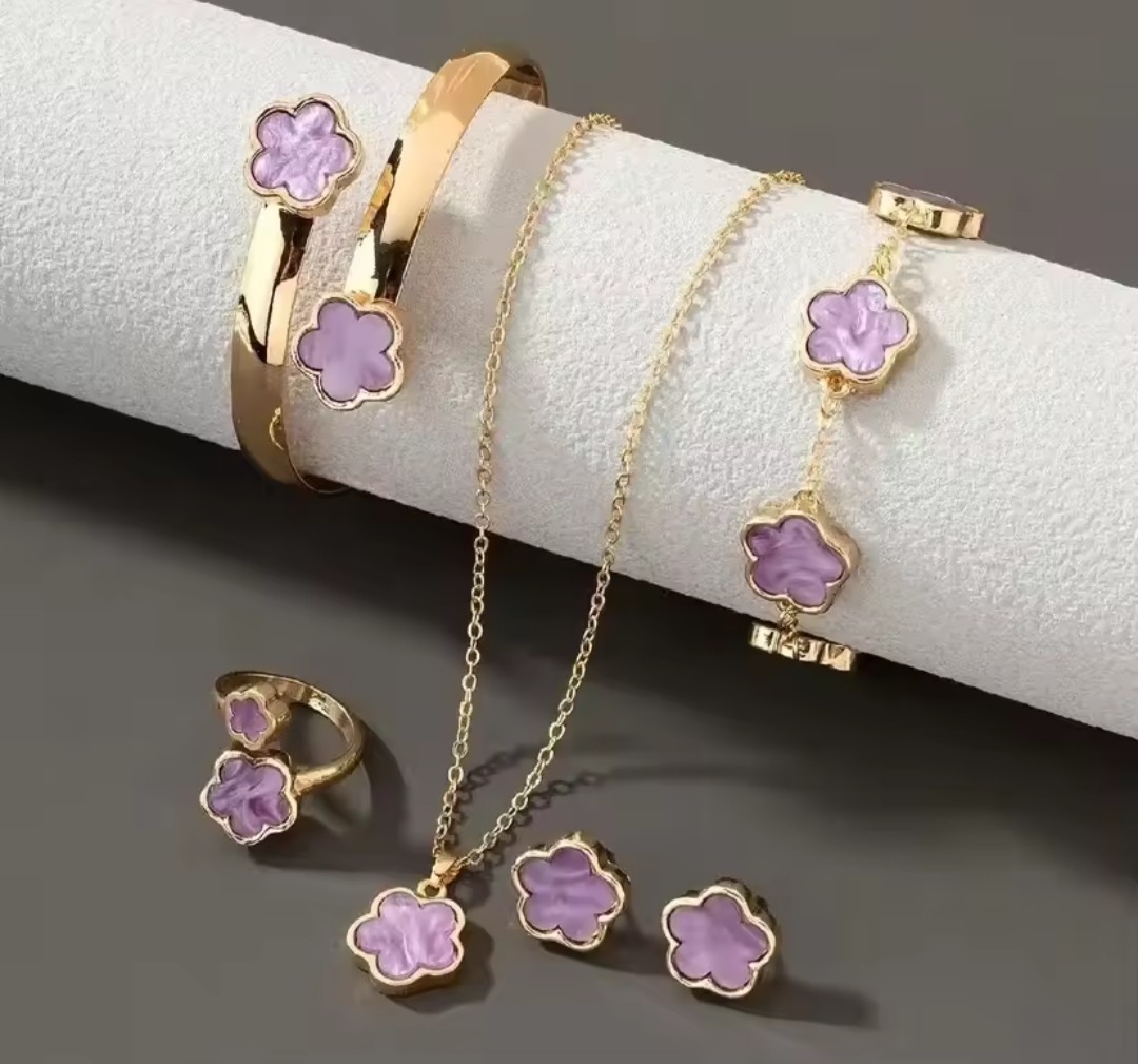 Gold Plated Purple Clover Flower Jewelry Set Necklace Bracelet Earrings Ring 8
