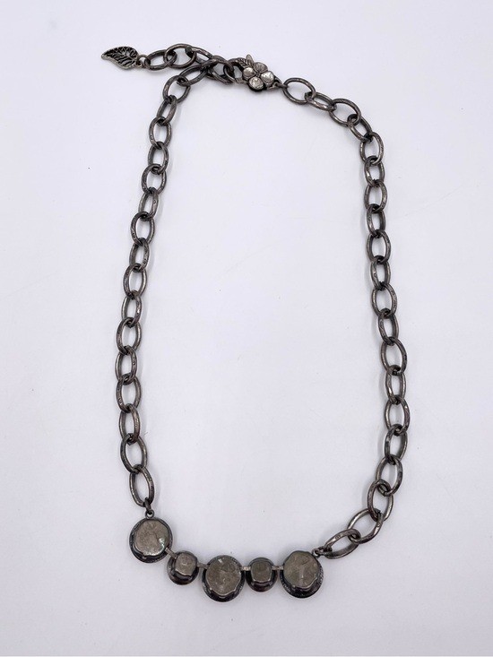 Pewter Tone Chain Link Crystal Statement Necklace Flower Leaf Adjustable Clasp