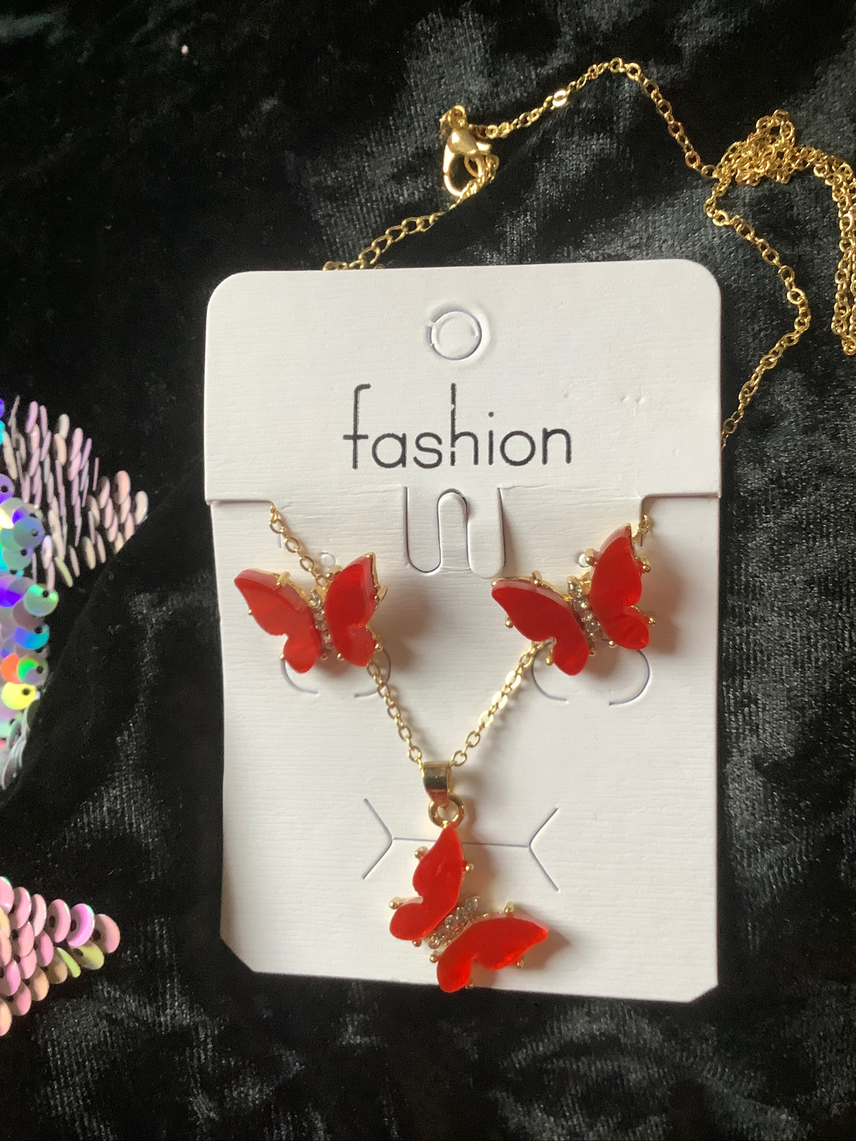 Set de Mariposa Oro Laminado Butterfly Red CZ Set