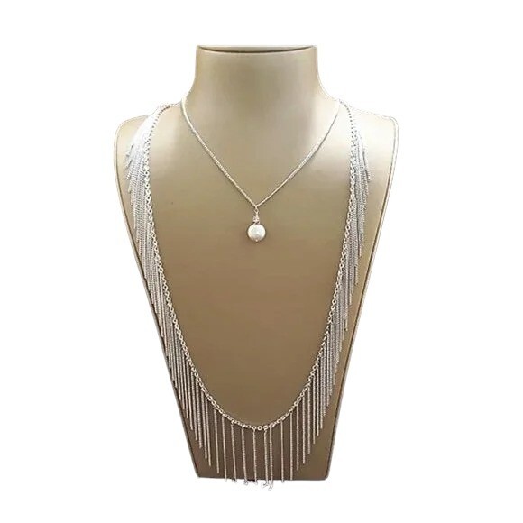 Tommy Bahama Silver Plated Freshwater Pearl Double layer Long Chain Necklace