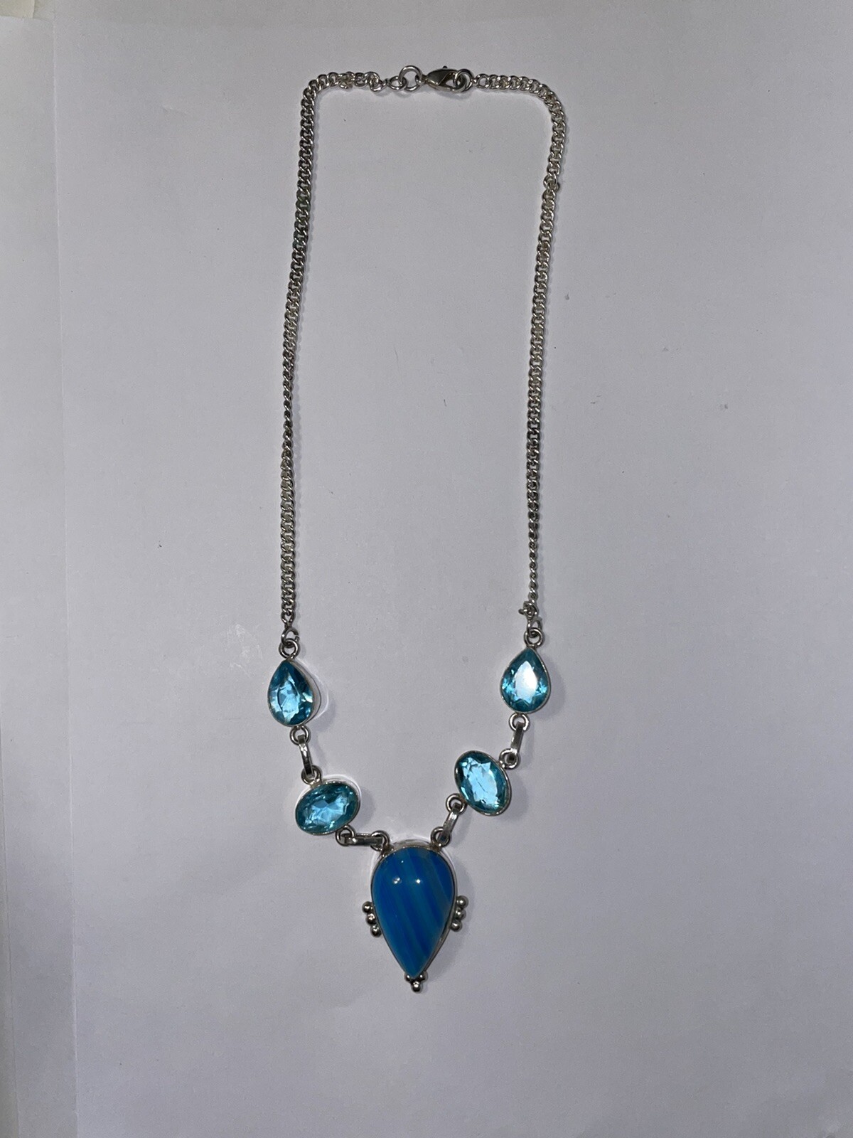 STERLING SILVER 925 NECKLACE 17″ Teardrop Blue gems 27 grams