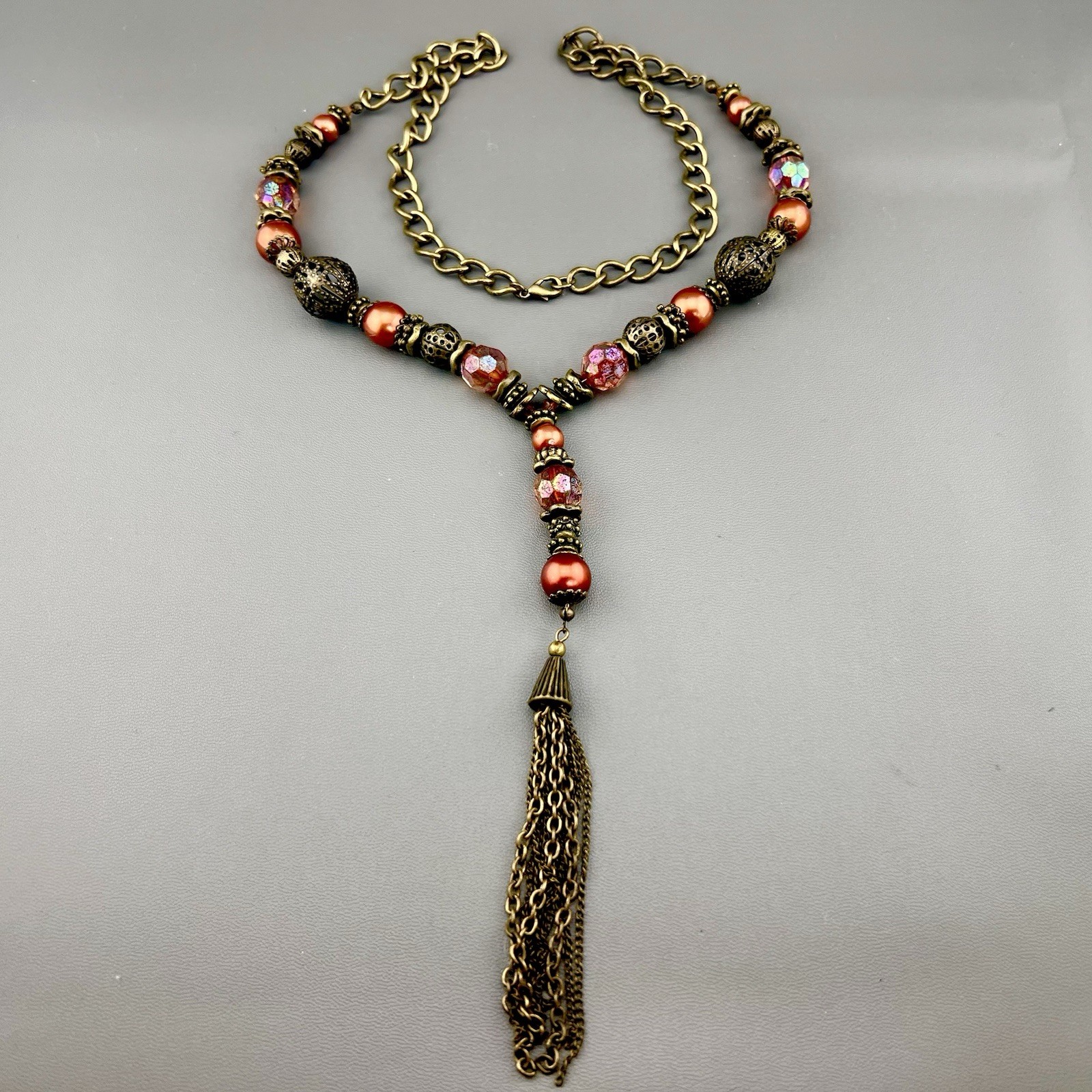 Tassel Y Drop Necklace Bronze Tone Faux Pearl Faceted Filigree Beaded Boho 26”