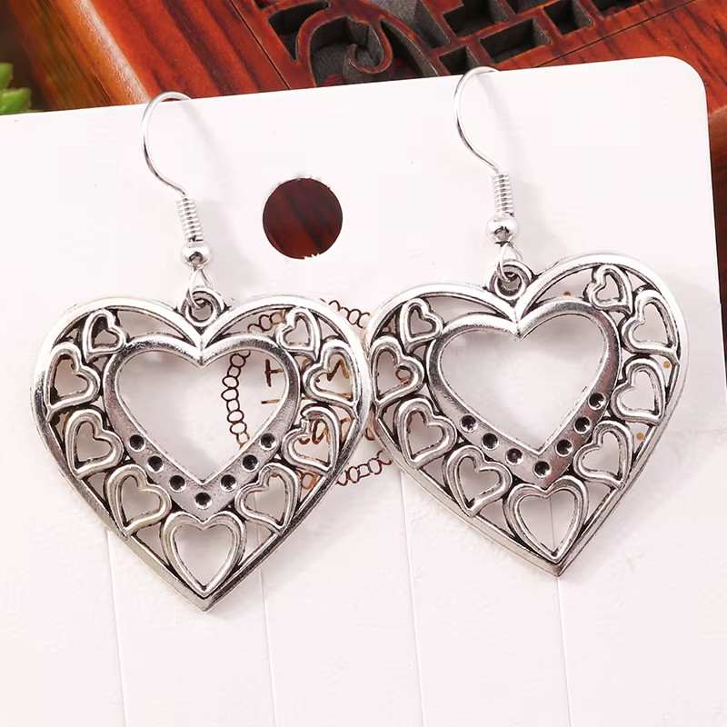 Vintage Ethnic Heart Dangle Earrings Love Charm Boho Jewelry Gift for Women Girl