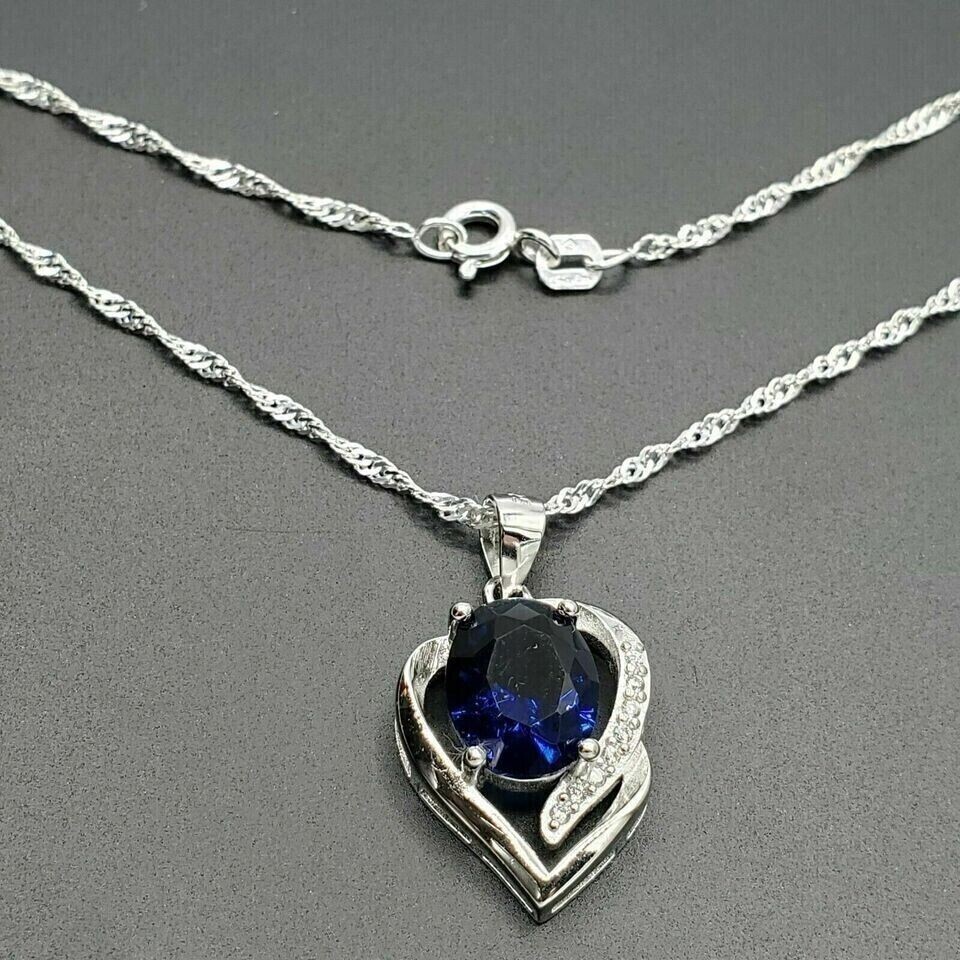 Oval Simulated Sapphire Women’s Pendant In 14k White Gold Plated Without Chain