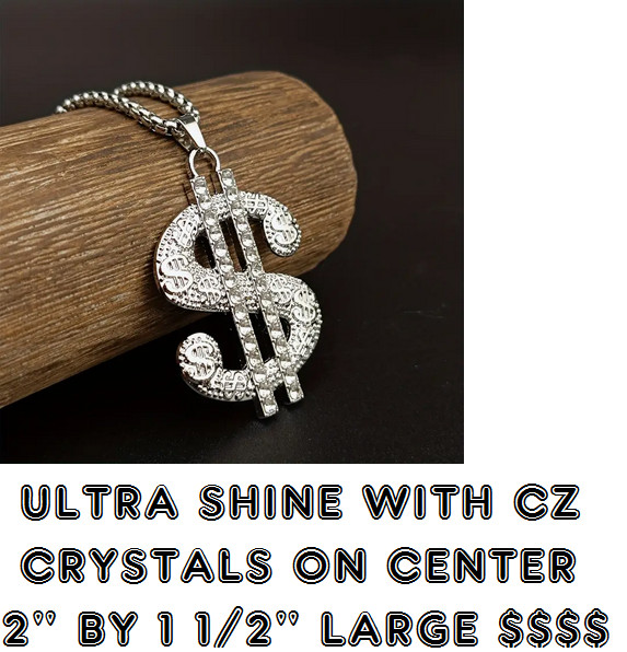 LARGE CZ $ SIGN CASH MONEY DOLLAR Pendant 28″ 925 Sterling Silver Necklace Men
