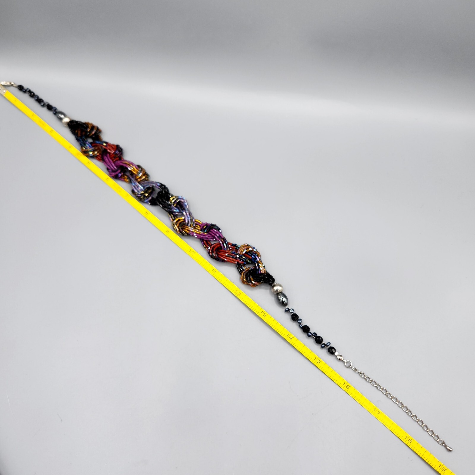 Artisan Multi Color Jewel Tone Fire Glazed Glass Bead Braided Necklace 19″