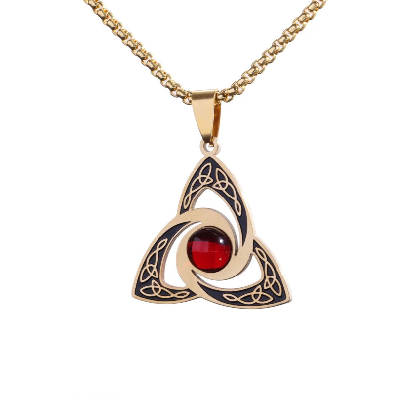 Gold Triquetra Jeweled Stainless Steel Necklace Spiritual Pendant 23.5in Chain