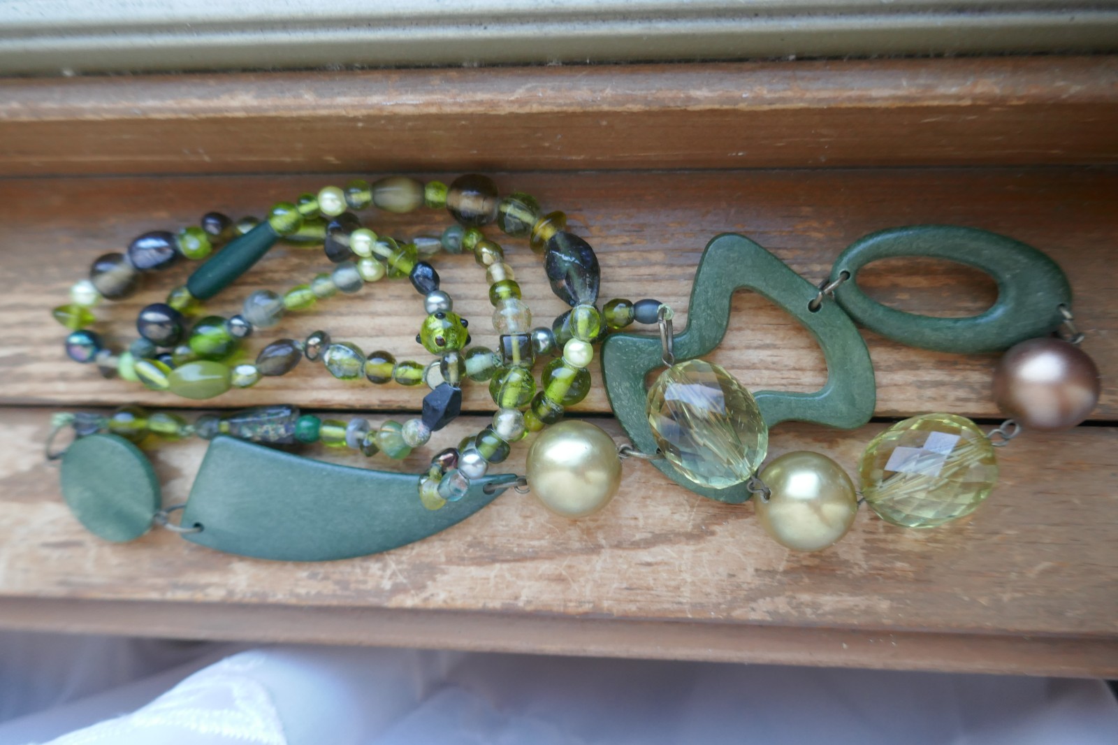 40″ Long Necklace Green Copper Gold Large Abstract Shapes Acrylic & Glass Beads