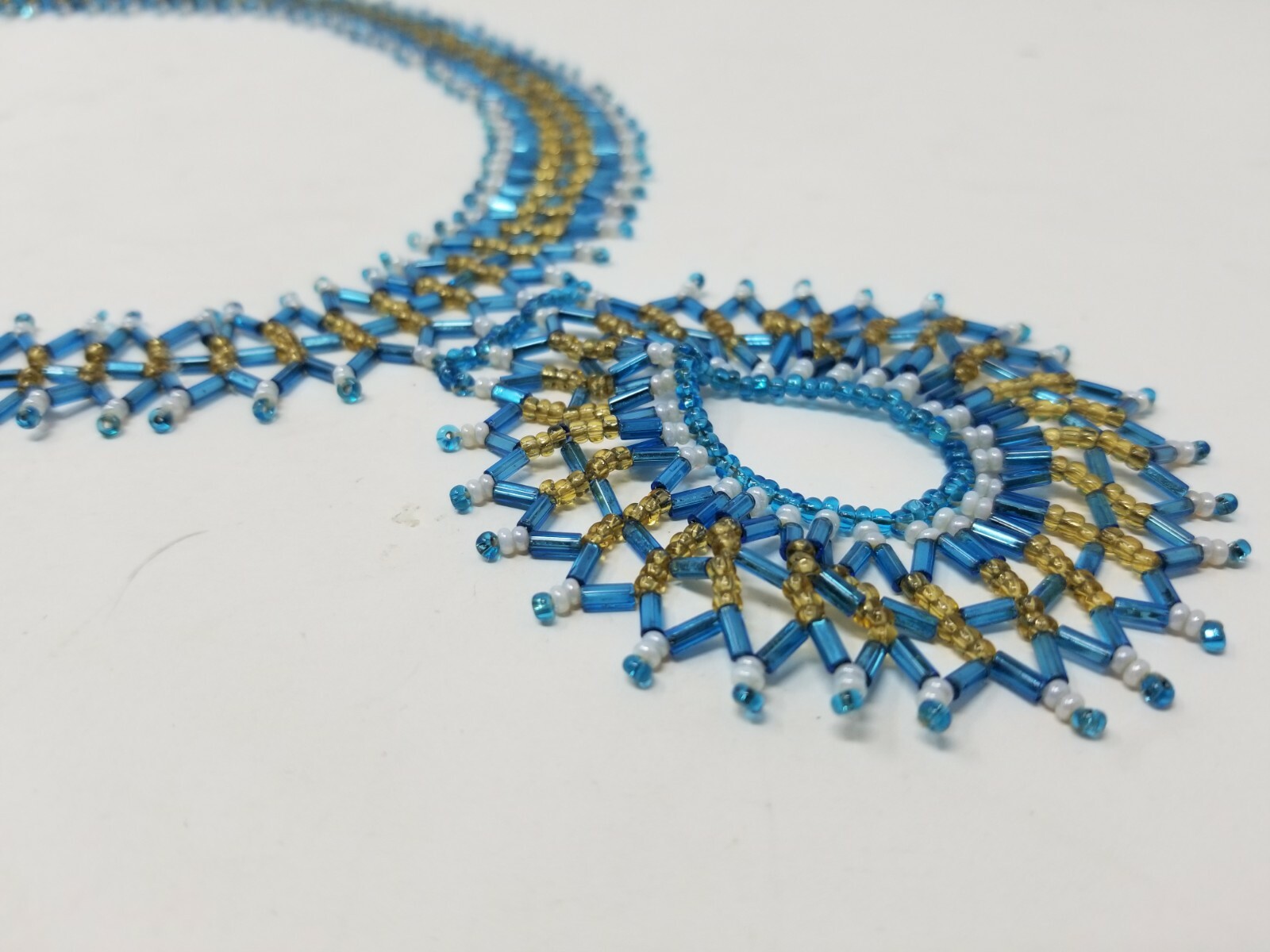 Native Style American Beaded Necklace~Blue, gold, white~Boho, Hippie~Circle